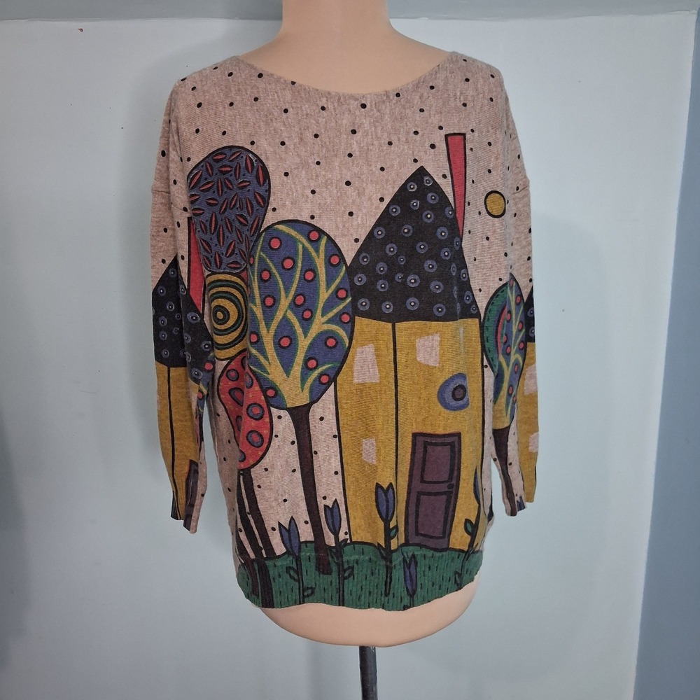 Shana Womens Whimsical House Tree Graphic Knit Sweater Tan Multi XS Art to Wear
